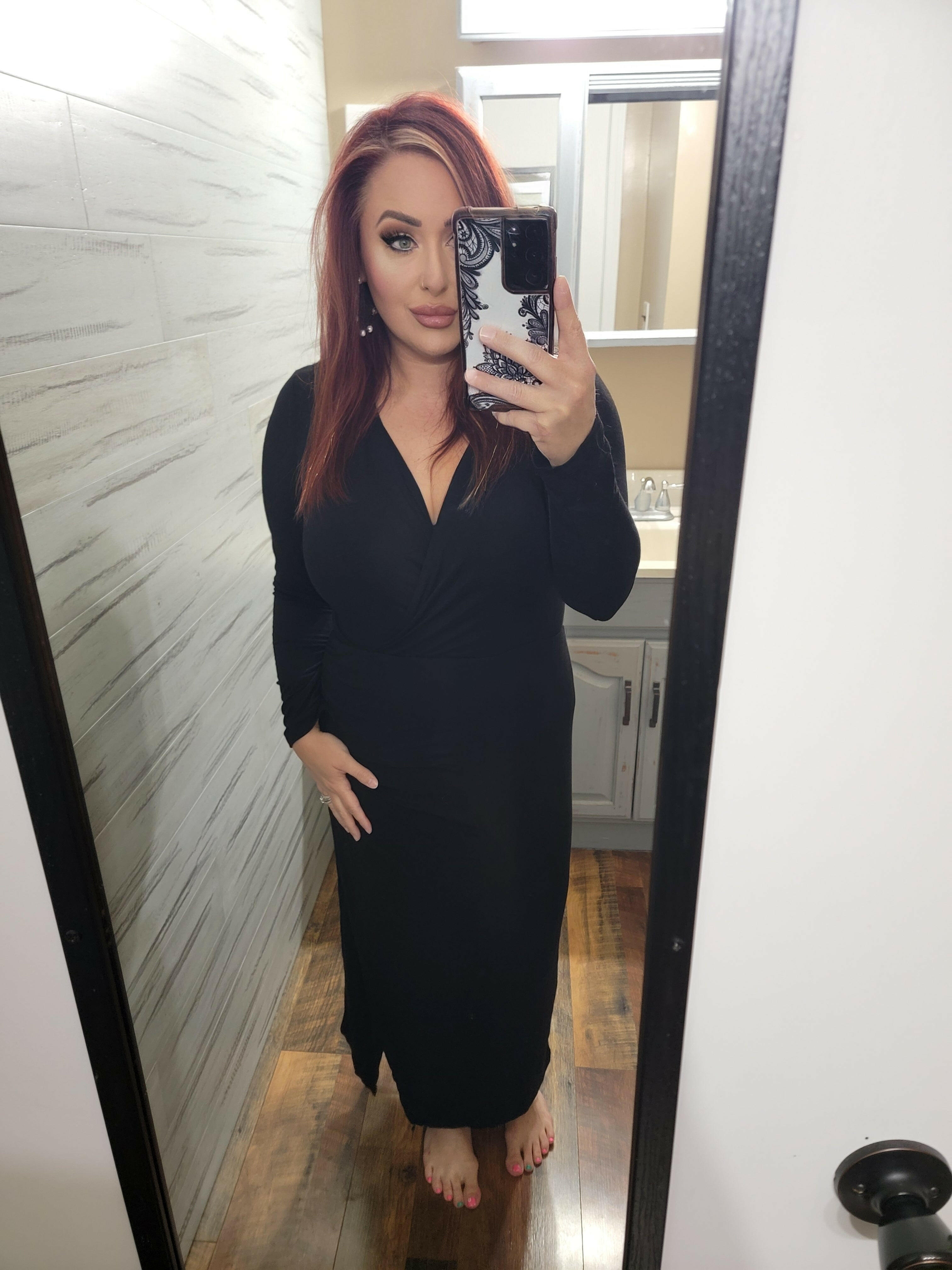knee length dresses for ladies Faux Wrap Bodycon Midi Dress in Black