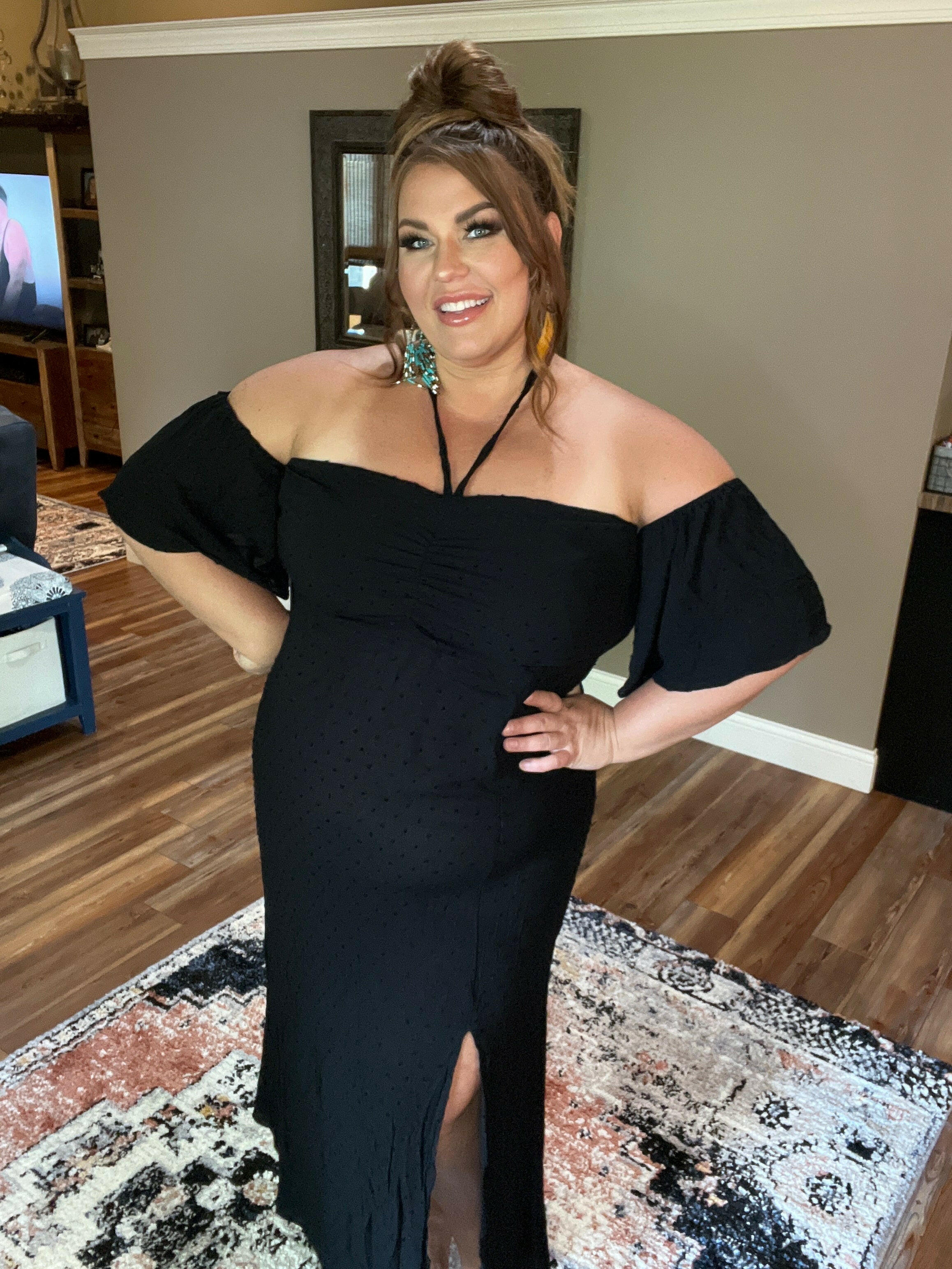 Butterfly Sleeve Maxi Solid Dress in Black
