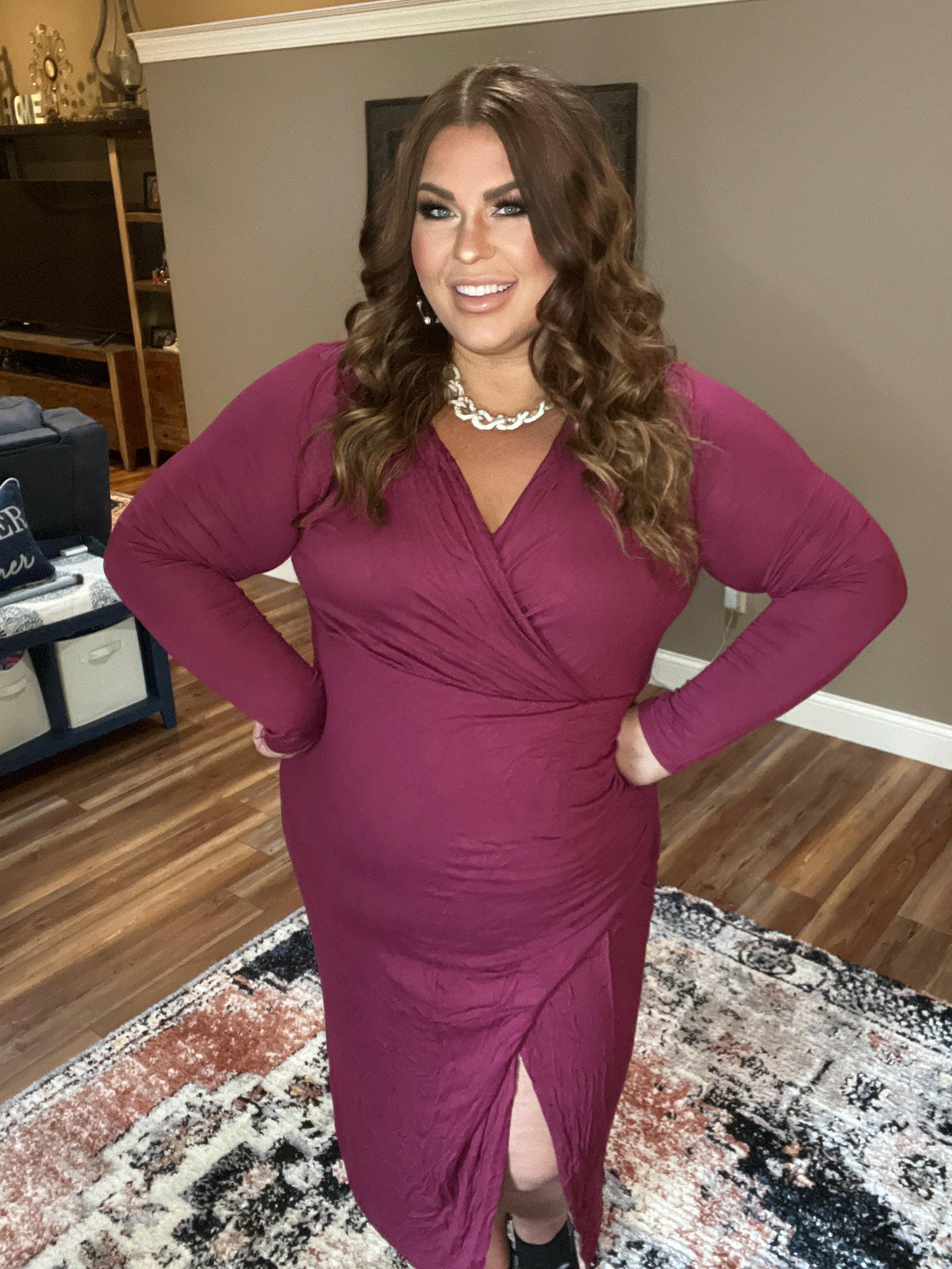 Faux Wrap Bodycon Midi Dress in Wine