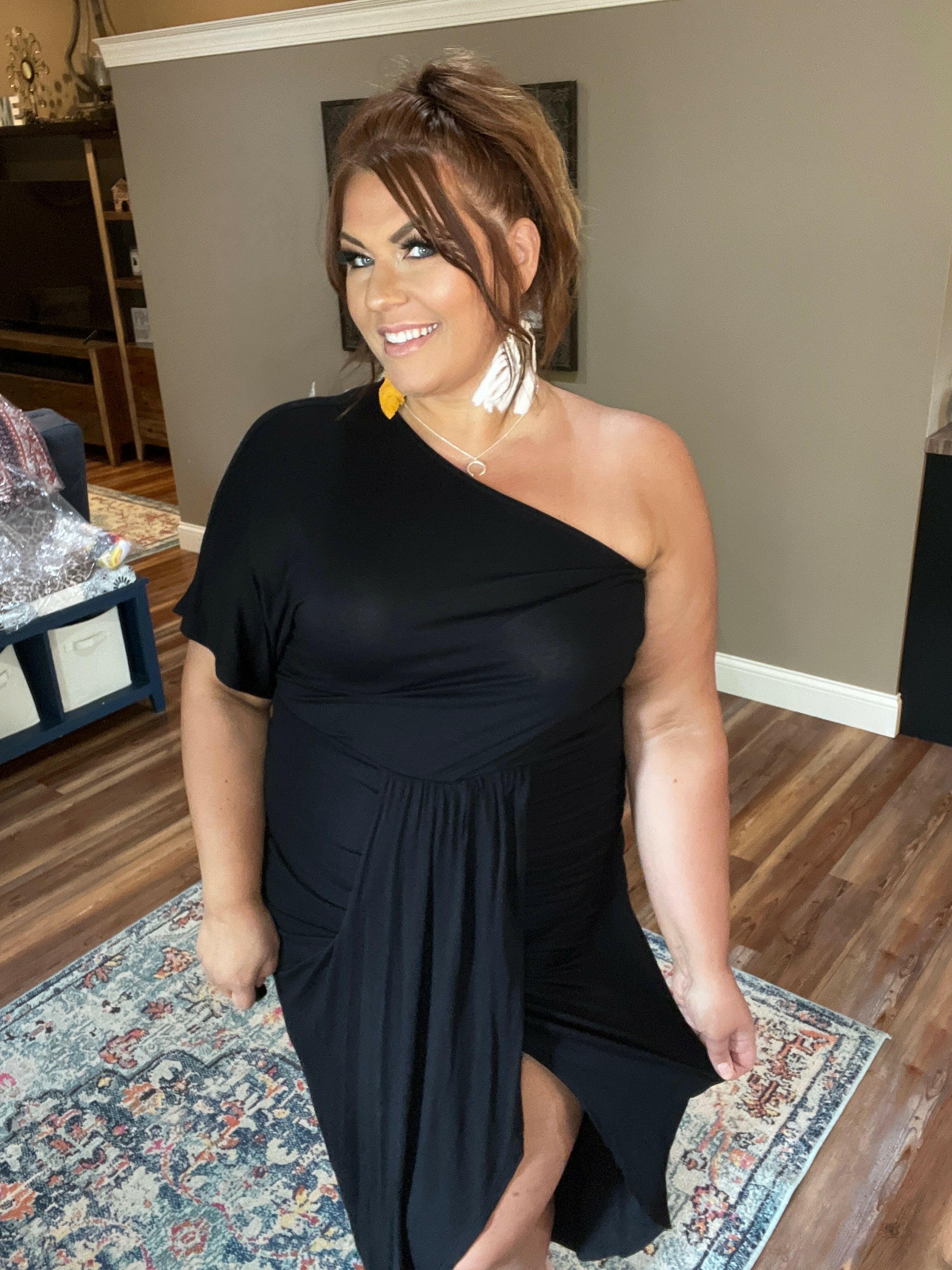Black One Shoulder Dolman Sleeve drape detail dress