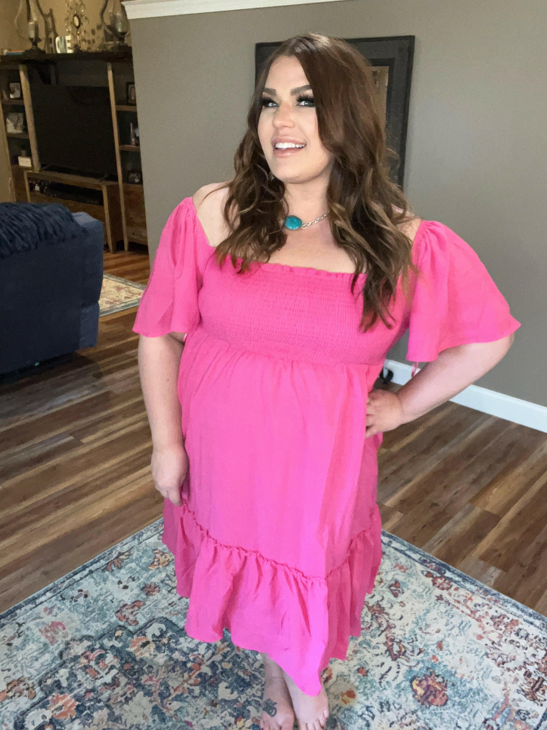 Hot Pink Smocked Chest Bow Tie Back Dress