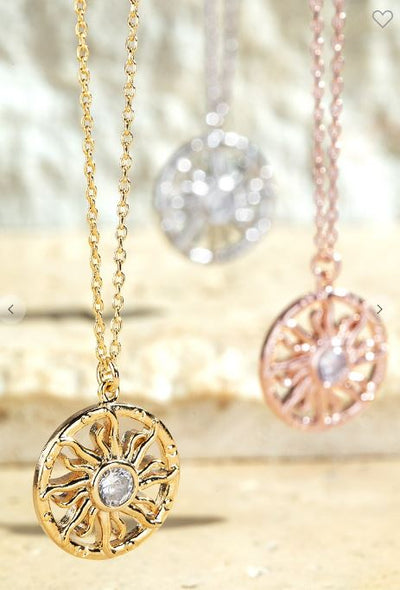 Brass Sun and Pave Crystal pendant Necklace - feelingchicboutique