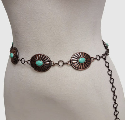 Western Oval Concho Chain Belt with Stones in Copper comes in Regular & Plus Sizes - feelingchicboutique