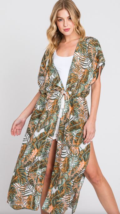 Tropical Leaves Print self tie Kimono & Swimsuit Cover up - feelingchicboutique