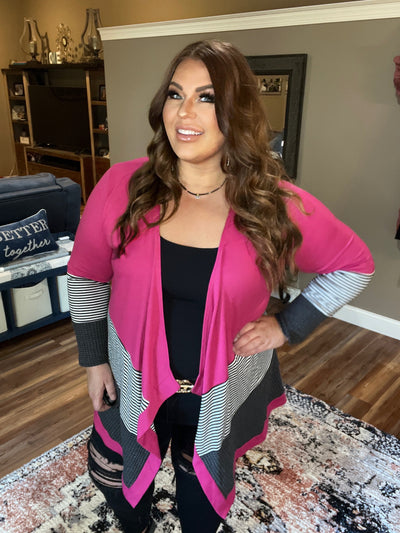 Solid and Waffle Stripe Open Cardigan in Fuchsia - feelingchicboutique