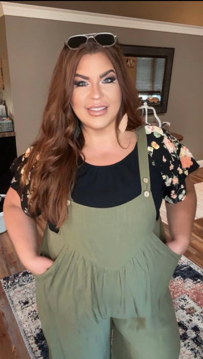 Shirring front detail wide leg overall w pocket in Olive - feelingchicboutique