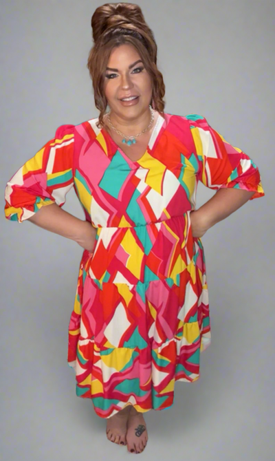 Hot Pink Geo Patterned Tiered Dress - feelingchicboutique