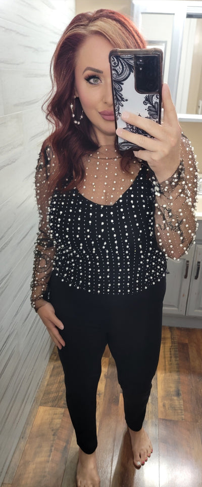 Bead and Pearl Embellished Long sleeve mesh top in Black - feelingchicboutique