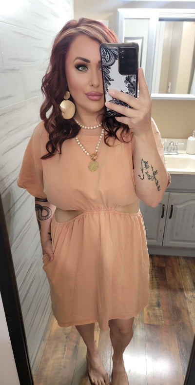 Best Selling Washed T-Shirt Dress with Side Waist Cutouts in Apricot - feelingchicboutique