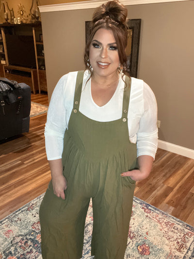 Shirring front detail wide leg overall w pocket in Olive - feelingchicboutique