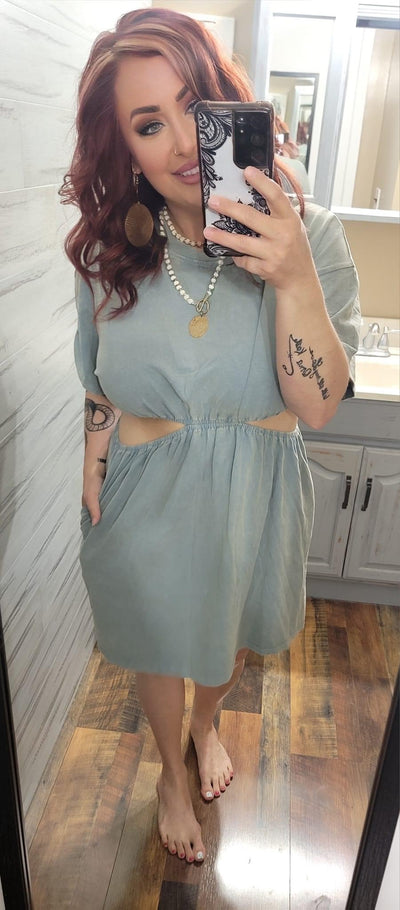 Best Selling Washed T-Shirt Dress with Side Waist Cutouts in Mint Blue - feelingchicboutique