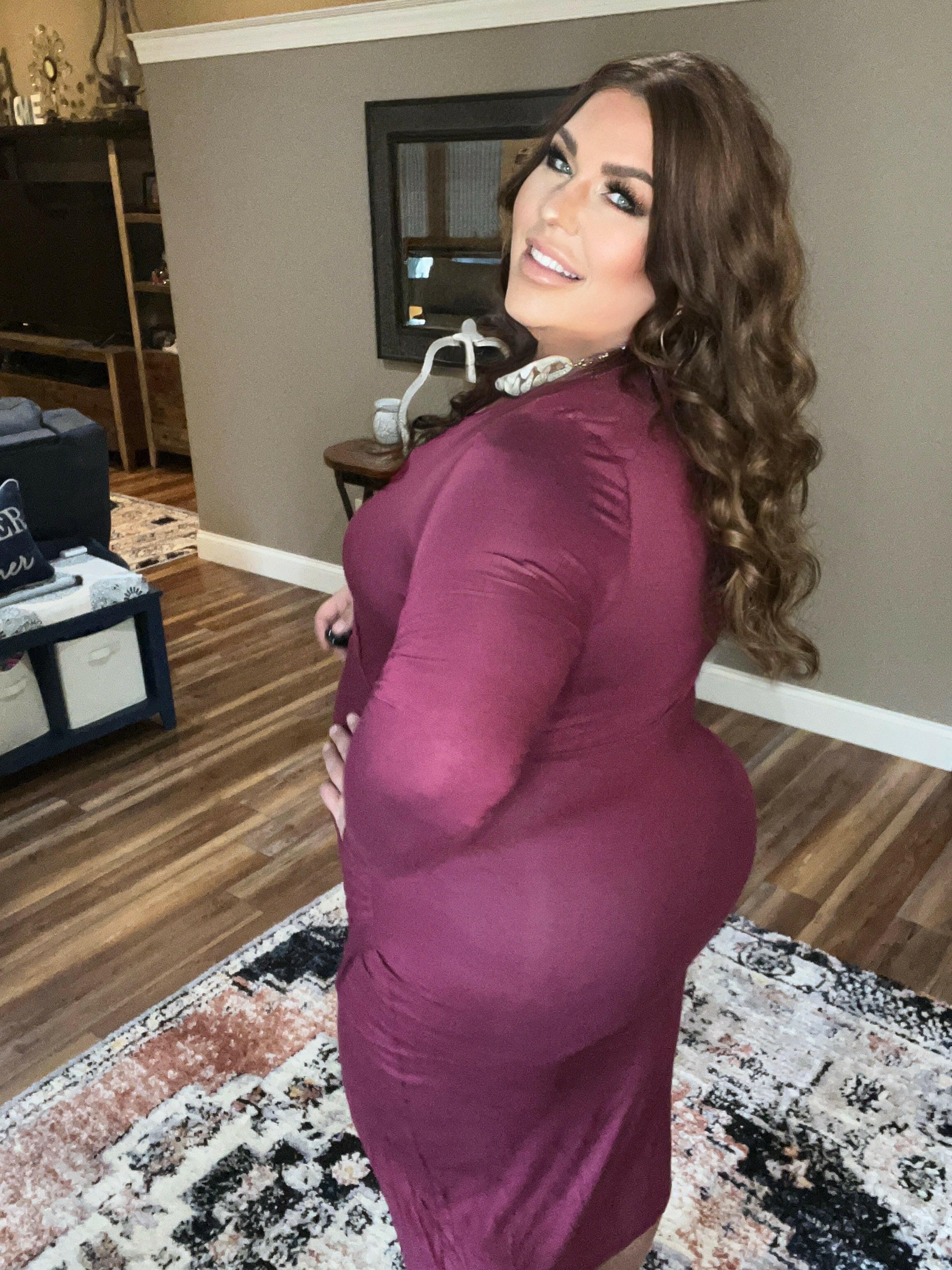 Faux Wrap Bodycon Midi Dress in Wine