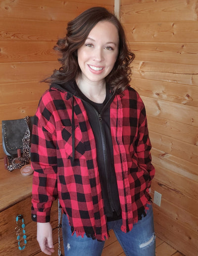 RED/BLACK HOODED BUFFALO PLAID OVERSIZED FLANNEL - feelingchicboutique