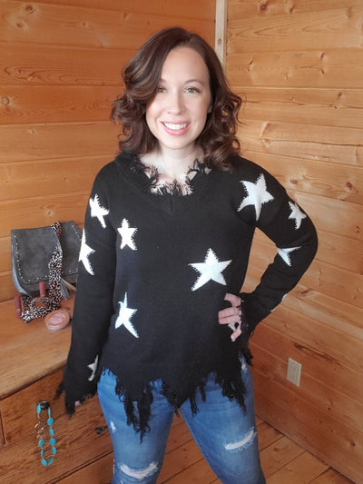 Black Star Pullover Sweater With Distressed Hem - feelingchicboutique