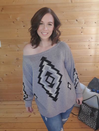 Grey Aztec Printed Pullover Sweater - feelingchicboutique