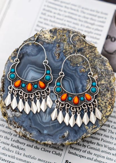 Silver Turquoise and Coral Boho earrings with stones and spearhead drop - feelingchicboutique
