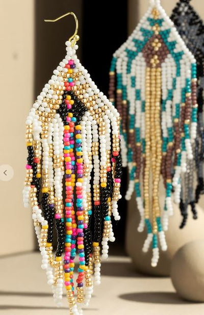 Stunning ethnic motif seed bead fringe dangle drop earrings - feelingchicboutique