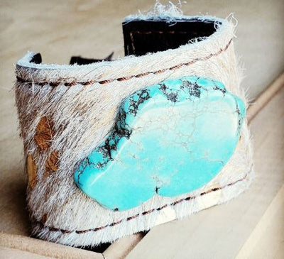 Cream Cuff w/ Leather Tie-Tan Hide and Turquoise Slab - feelingchicboutique