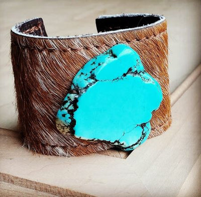 Brown Cuff w/ Leather Tie-Tan Hide and Turquoise Slab - feelingchicboutique