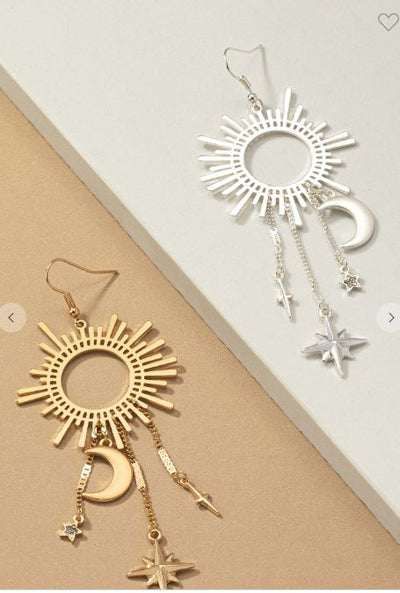 Openwork starburst earrings with moon and stars in Siler or Gold - feelingchicboutique
