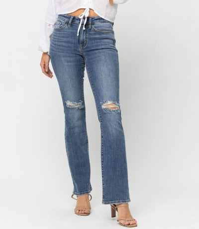 Mid Rise Pocket Tooling Knee Destroyed Bootcut Judy Blue Jeans - feelingchicboutique