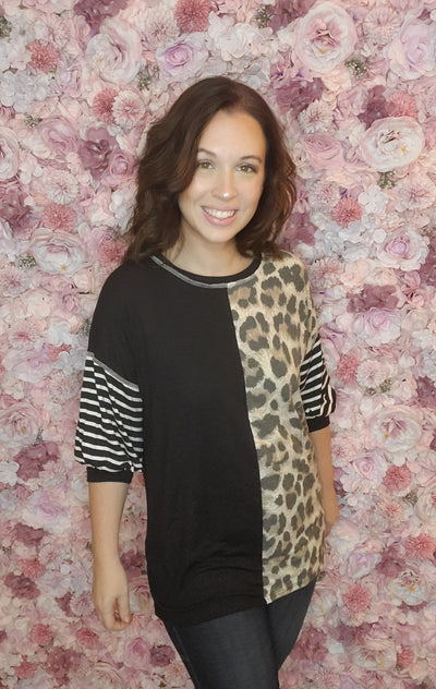 Half and Half Color Block Top with Puff Sleeves - Black/Leopard - feelingchicboutique