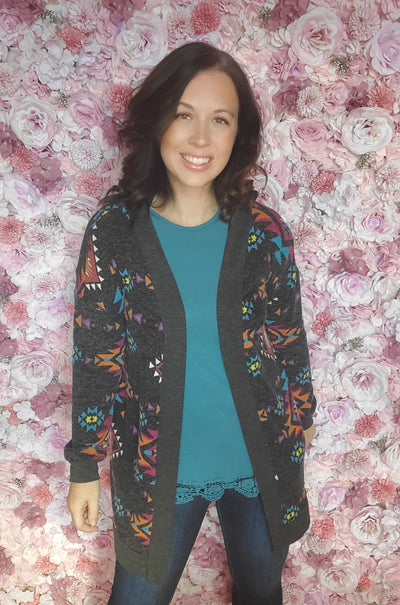 CHARCOAL LONG SLEEVE AZTEC PRINT CARDIGAN WITH POCKETS - feelingchicboutique