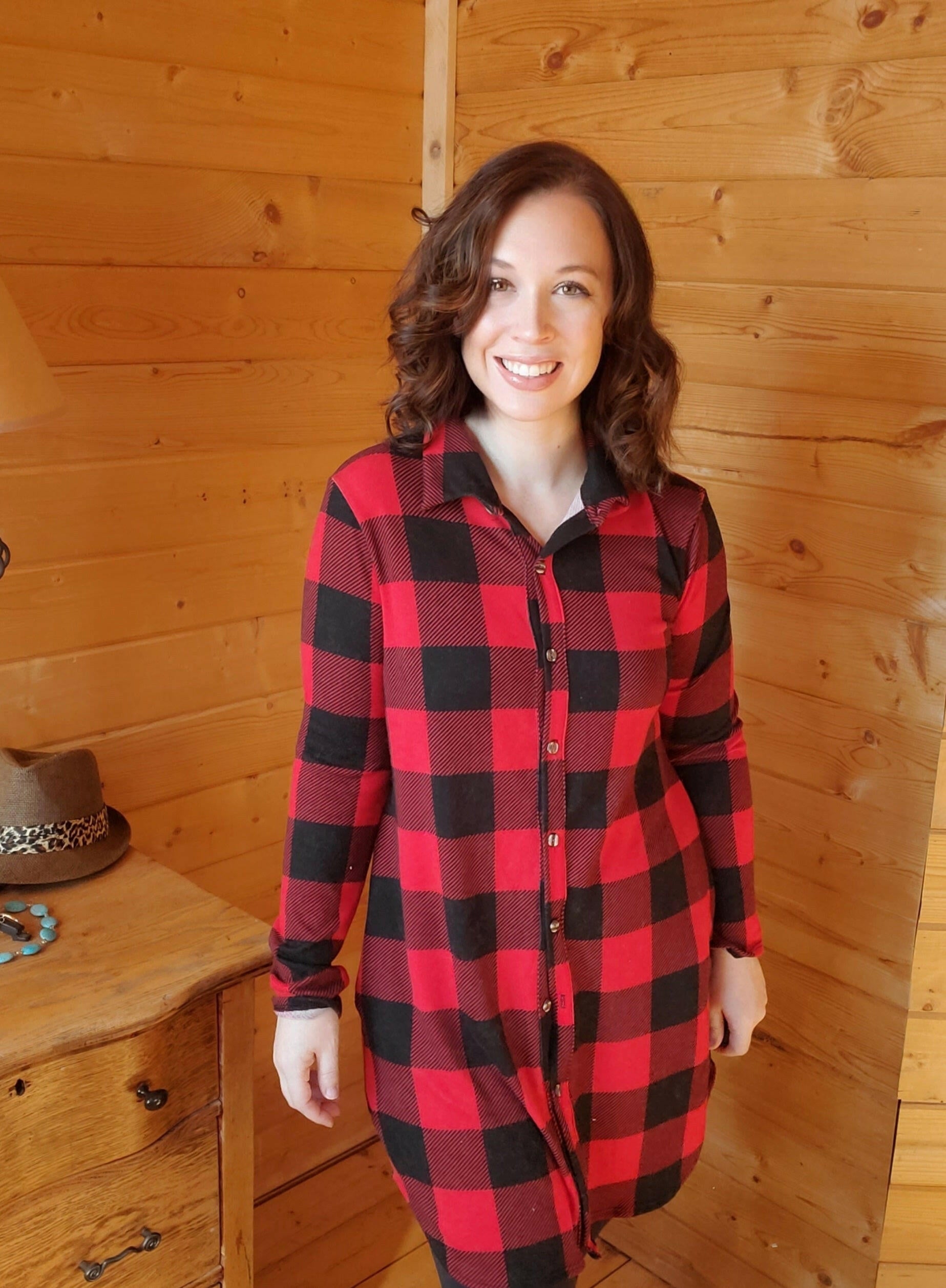 Red Plaid Button Down Dress with Pockets