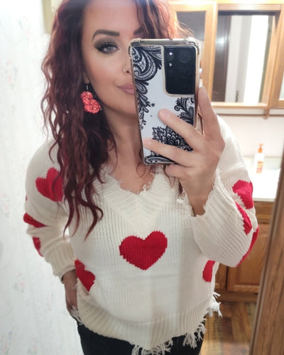 Red Heart Print Distressed V Neck Long Sleeve Sweater - feelingchicboutique