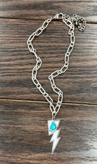 Big Chain Necklace, Lightning Bolt Natural Turquoise Pendant - feelingchicboutique