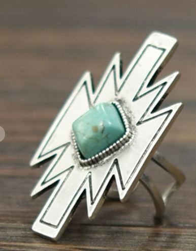 Aztec Natural Turquoise Adjustable Ring, Bronze Dual Band - feelingchicboutique