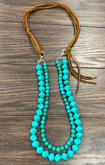 Turquoise & Leather Long line Adjustable Necklace - feelingchicboutique