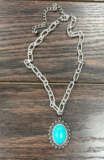 Big Chain Necklace, Natural Turquoise Pendant - feelingchicboutique