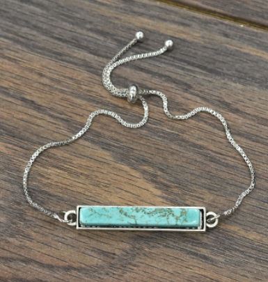 Natural Flat Top Turquoise Bar Adjustable Bracelet, Bronze Chain - feelingchicboutique