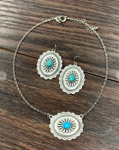 Cable Chain Necklace, Concho Natural Turquoise Pendant & Earrings Set - feelingchicboutique