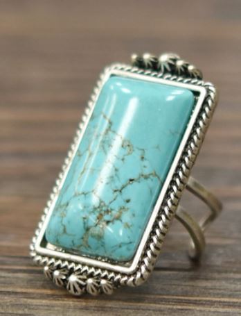Big Natural Turquoise Adjustable Ring with Double Band - feelingchicboutique