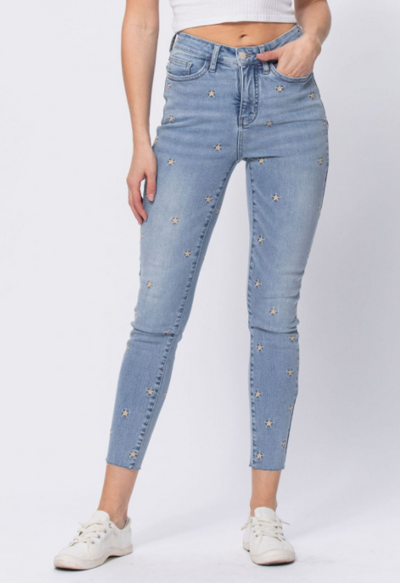 Light Wash High Waist Star Embroidery Skinny Judy Blue Jeans - feelingchicboutique