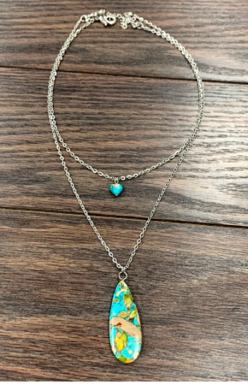 Dual Cable Chain Necklace, Natural Gemstone Pendant - feelingchicboutique