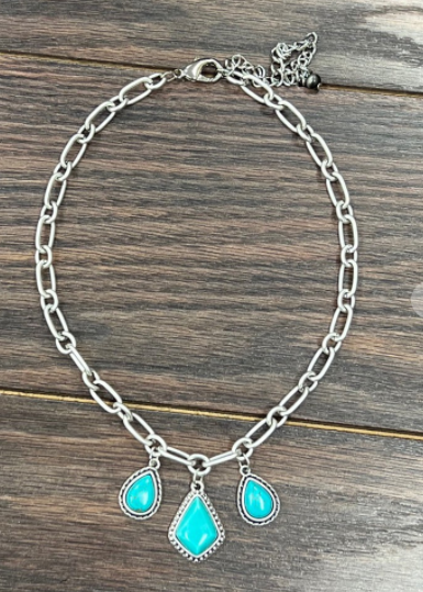 Long, Big Cable Chain Necklace with Natural Turquoise Charms - feelingchicboutique