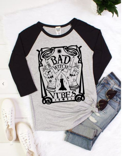 Bad Witch Vibes Baseball Three Quarter Sleeve Top - feelingchicboutique