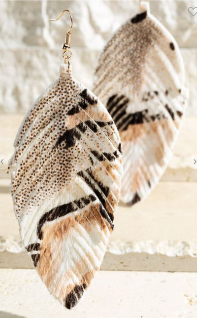 Animal Print Geniune Leather Feather Earrings - feelingchicboutique
