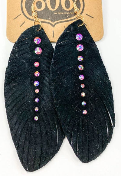 Black Suede Feather Earrings with rhinestones - feelingchicboutique