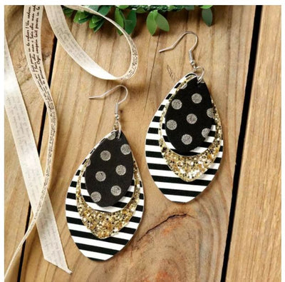 Multi-Layered Sequined Striped Leather Earrings - Black - feelingchicboutique