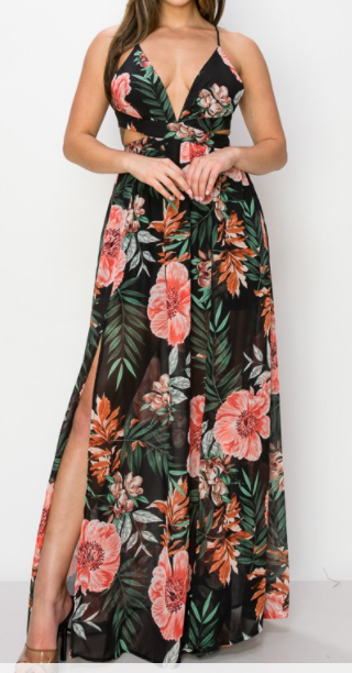 Black Floral Chiffon Cut out Waist Maxi Dress