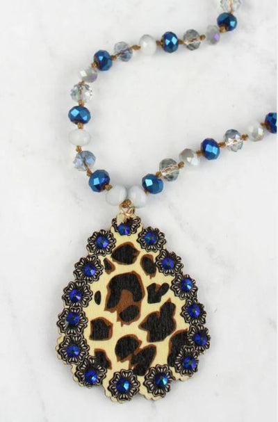 Blue Crystal Leopard Teardrop Pendant Beaded Necklace - feelingchicboutique
