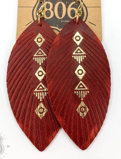 Dark Red Leather Feather Earrings with embossed gold diamond pattern - feelingchicboutique