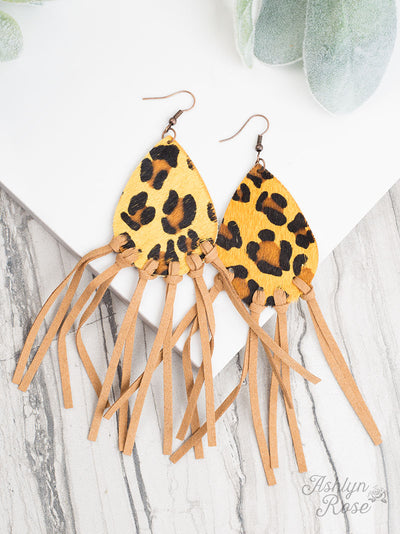 Let's Be Fringe Animal Print Leather Drop Earrings Yellow Leopard - feelingchicboutique