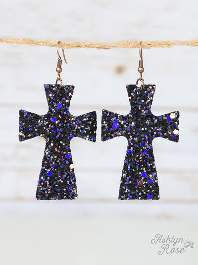 Glitter Cross Earrings, Black and Purple - feelingchicboutique