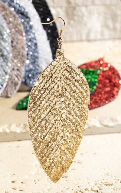 Glitter Leather Feather Shaped Dangle Earrings - multiple colors - feelingchicboutique
