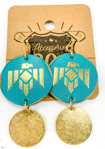 Turquoise leather round with embossed gold thunderbird and gold dangle fishhook earring - feelingchicboutique